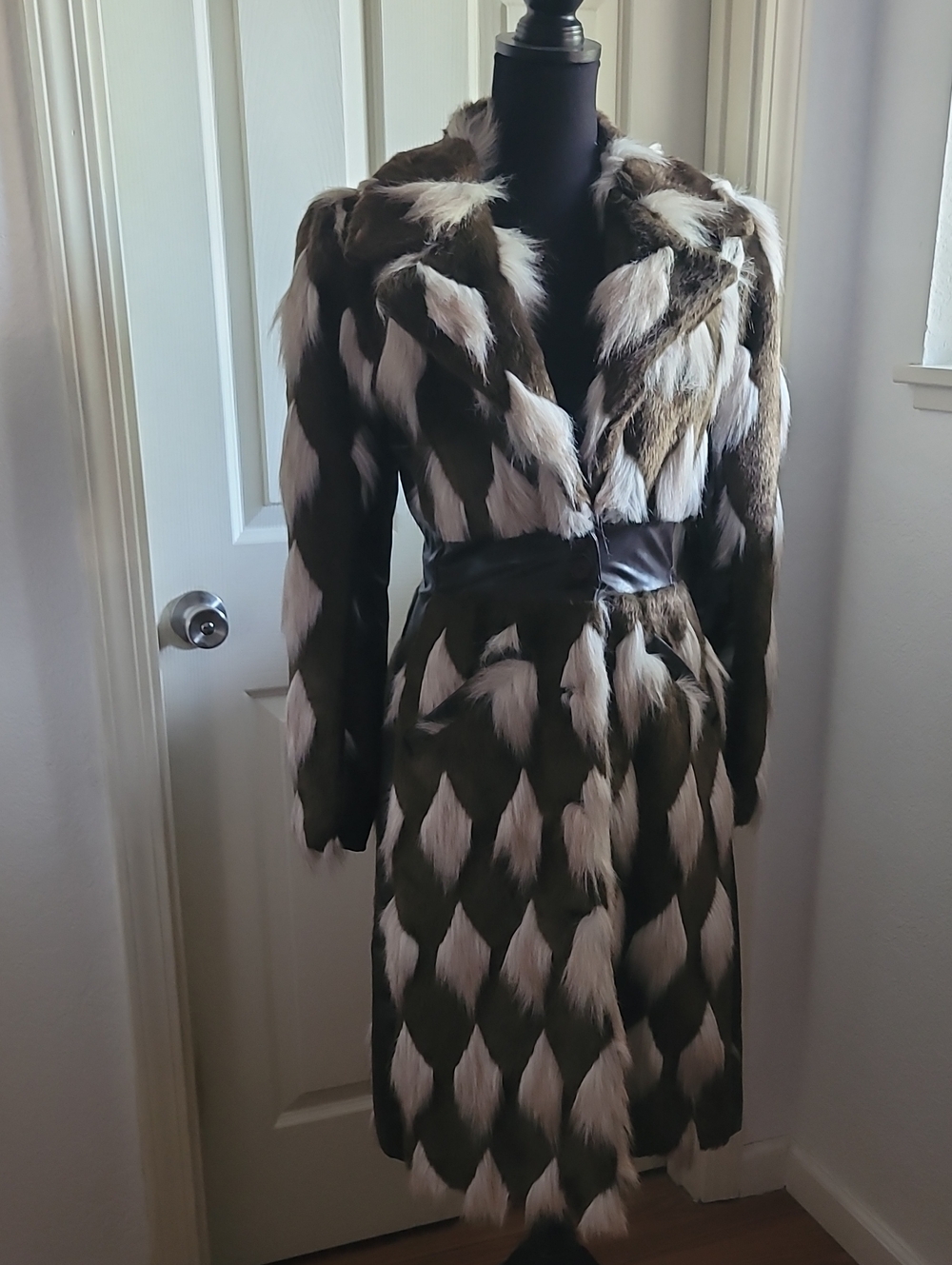 Betsey Johnson Brown and White Faux Fur Long Coat VINTAGE S COLLECTIBLE